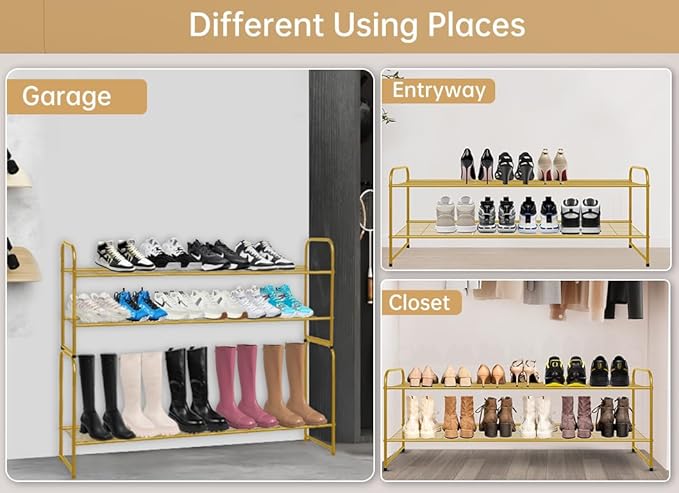 KEETDY 2-Tier Long Shoe Rack for Closet Metal Shoe Organizer for Entryway, Wide Stackable Shoe Storage Shelf with Sturdy Wire Grid for Closet Floor, Bedroom, Gold
