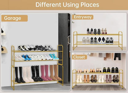 KEETDY 2-Tier Long Shoe Rack for Closet Metal Shoe Organizer for Entryway, Wide Stackable Shoe Storage Shelf with Sturdy Wire Grid for Closet Floor, Bedroom, Gold