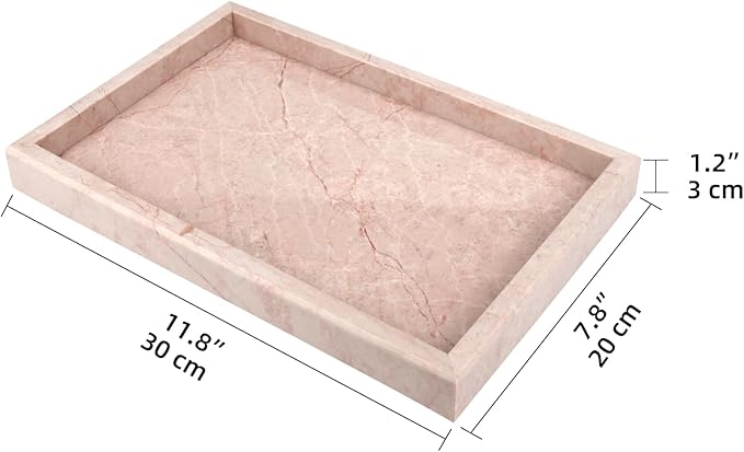 Marble Bathroom Vanity Tray, Natural Luxury Vanity Home Kitchen Bathroom Table Tray, Stone Decorative Countertop Dresser Trays for Key Coffee Perfume Jewelry Makeup (Pink/Cream Rose, 12"x 8" x1.2")