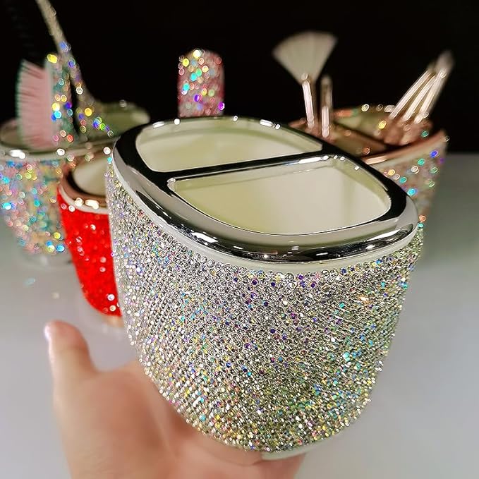 Luxury Bling Rhinestone-Embellished Makeup Organizer Box Storage – Large Capacity Cosmetic Brush Lipstick Eyebrow Pencil Storage Box and Desktop Organizer Rack (Silver)