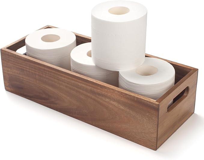 Toilet Tank Basket, Toilet Paper Basket for Back of Toilet Tank Top, Acacia Wood Bathroom Storage Basket for Organizing and Decor (15 x 6 x 4 inch)