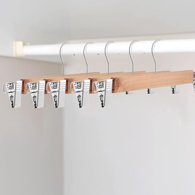 Weysat 40 Pcs Wooden Pants Hangers Bottom Bulk with 2 Adjustable Clips Anti Rust Hook 360 Swivel Hook Bottom Jeans Hangers for Women Men Jeans Trousers Shorts Skirt