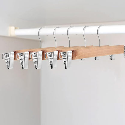 Weysat 40 Pcs Wooden Pants Hangers Bottom Bulk with 2 Adjustable Clips Anti Rust Hook 360 Swivel Hook Bottom Jeans Hangers for Women Men Jeans Trousers Shorts Skirt