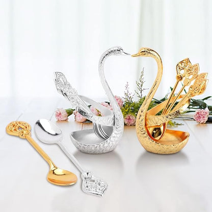 Coffee Spoon Set With Holder, Swan Spoon & Fork Holder, Elegant and Charming Decorative Spoons Organizer Serving Kit, Durable Spoons Coffee Station Storage Organizer(COLOR:Silver)