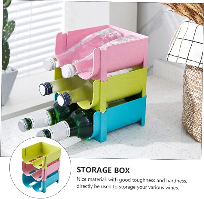 PRETYZOOM 3pcs Stackable Drink Box Organizer for Refrigerator Non-skid Storage Container for Wine and Canned Beverages Design Green Blue and Pink Home Use