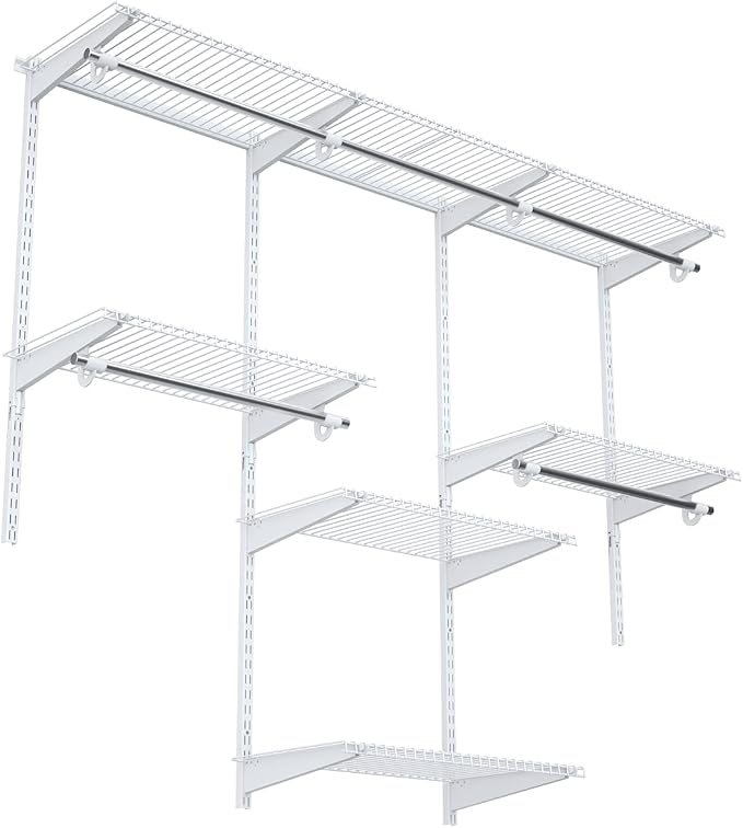 S AFSTAR 4 to 6 FT Mounted Closet Systems, Height Adjustable Custom Clothes Closet Kit with 3 Hanging Rod & 6 Storage Shelves, Wall-Mounted Clothes Closet Organizer for Bedroom Apartment, White