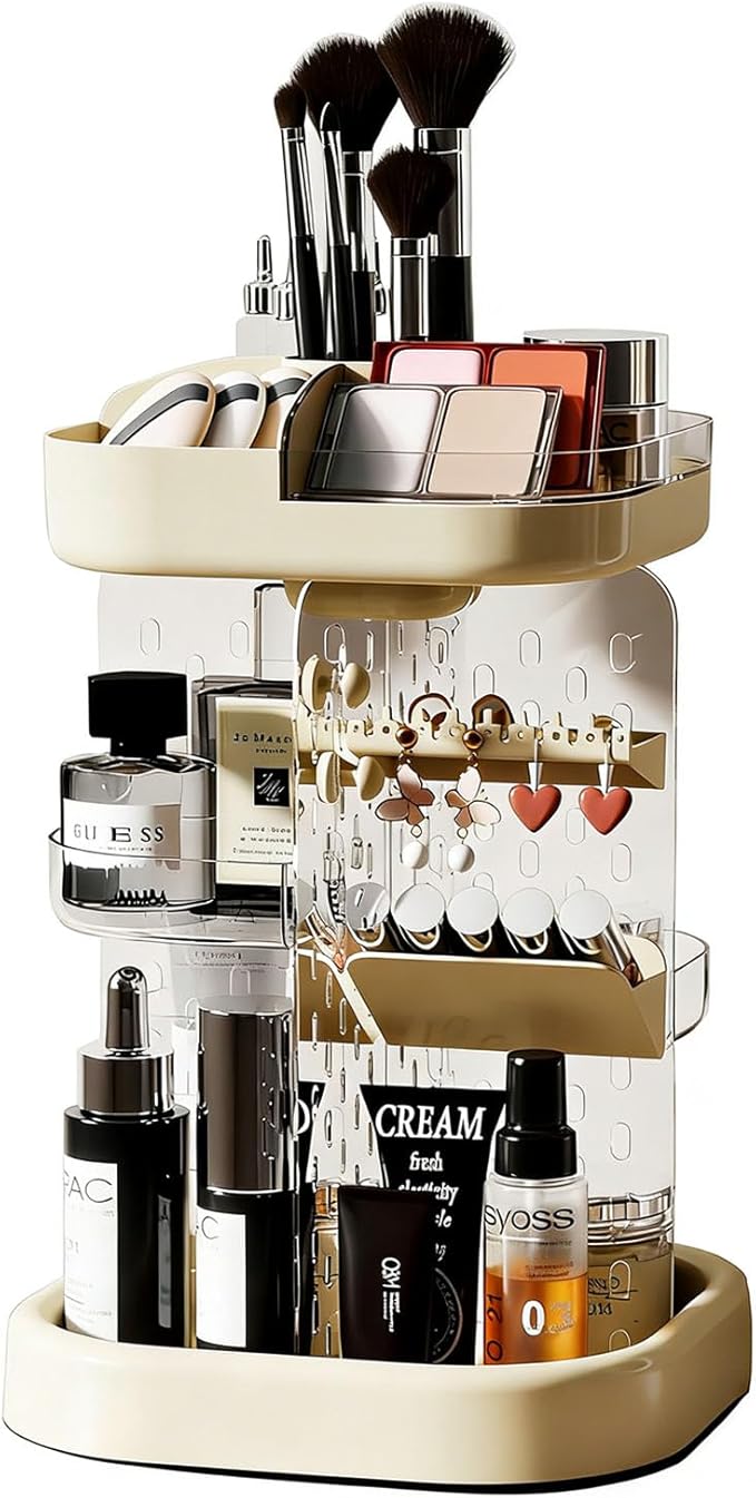 360 Spinning Rotating Makeup Organizer for Vanity with Adjustable Trays Lipstick Earring Storage Makeup Desk Storage Carousel Rack, Cosmetic Display Cases for Dresser Bathroom Holder (Cream)