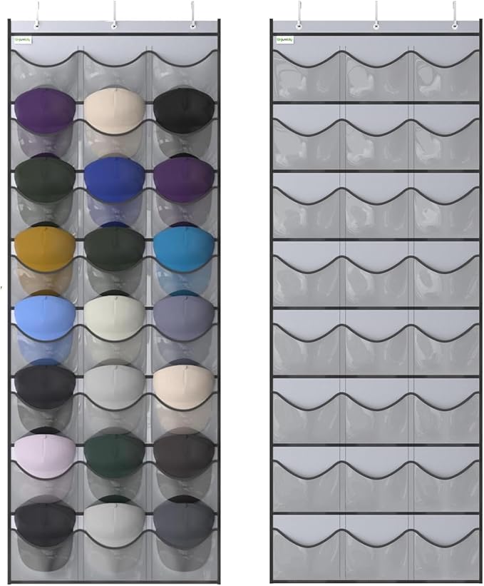 Baseball Hat Rack, 24 Pocket Over-The-Door Hat Organizer with Clear Deep Pockets to Display Baseball Caps Collection, Complete with 3 Over Door Hooks (Grey, 24 Pockets)