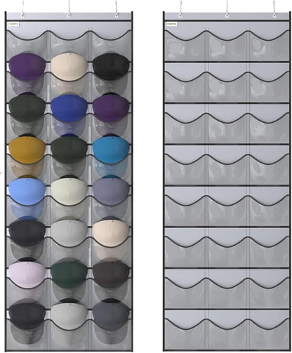 Baseball Hat Rack, 24 Pocket Over-The-Door Hat Organizer with Clear Deep Pockets to Display Baseball Caps Collection, Complete with 3 Over Door Hooks (Grey, 24 Pockets)
