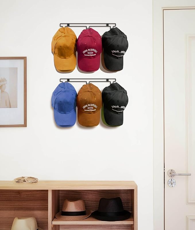 Hat Rack for Wall, [2-Pack] Metal Hat Organizer for Baseball Caps Holder 30 Hats Hook Hanger, Baseball Cap Storage, Strong Adhesive/Wall Drilled for Door, Room, Closet | Black