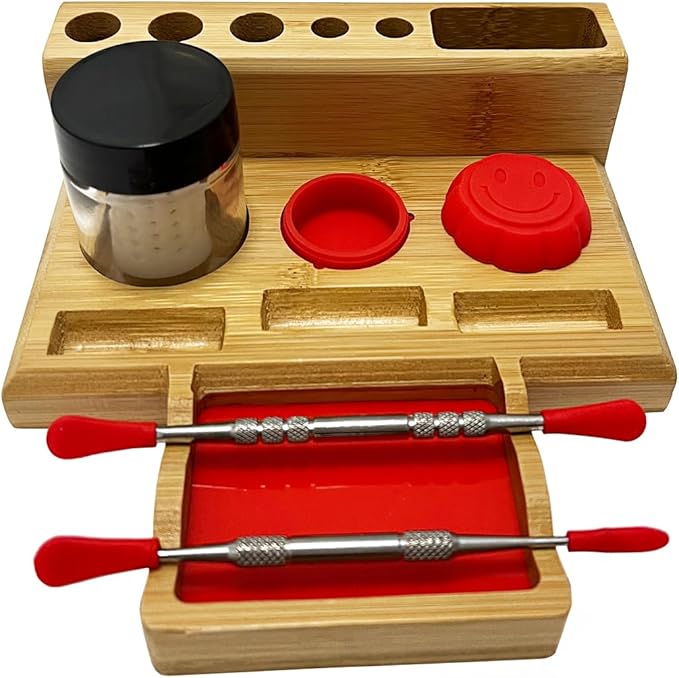Bamboo Desk Organizer,Carving Tool Organizer with Non-sticky Mat and Silicone Container (16 x 15 x 4.5cm)
