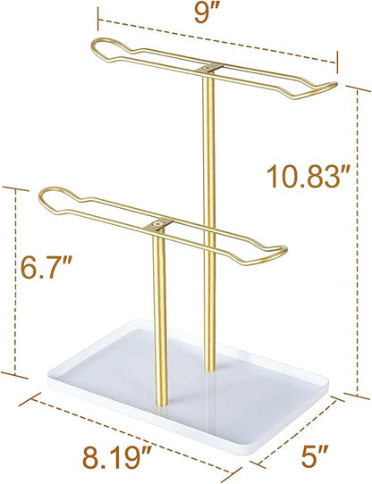 Headband Holder Organizer, 2-Tier T-bar Storage Stand with Tray for Hair Accessories Hairband Hair Clip, for Girls Women, Gold & White