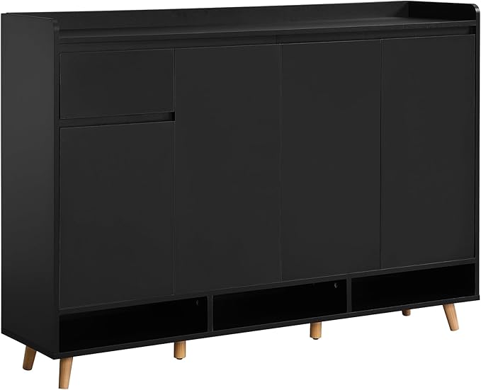 JIVOIT Shoe Cabinet with Adjustable Shelves, Drawer, Sleek and Contemporary Shoe Rack with Solid Wood Legs, Minimalist Home Organizer Storage Sideboard for Entryway, Living Room (Black,167)