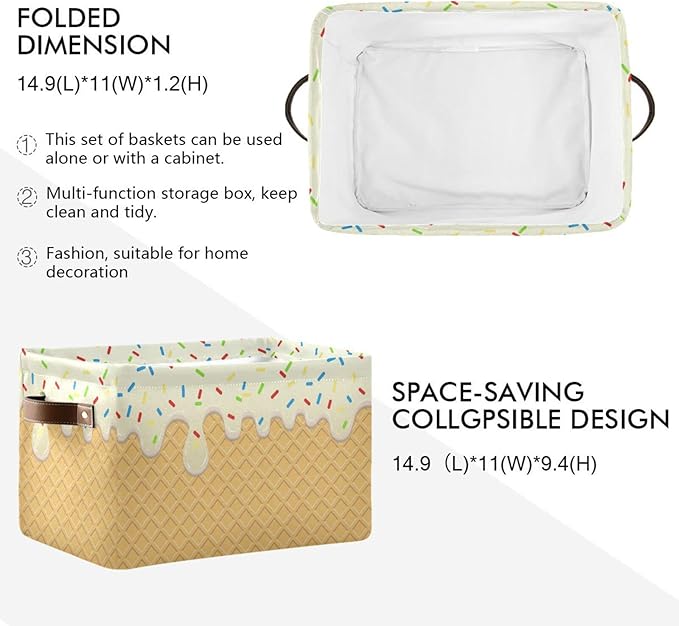 Ice Cream Texture Storage Basket Bin, Large Cube Storage Box Canvas Collapsible Storage Organizer for Home Office Closet - 15 L x 11 W x 9.5 H