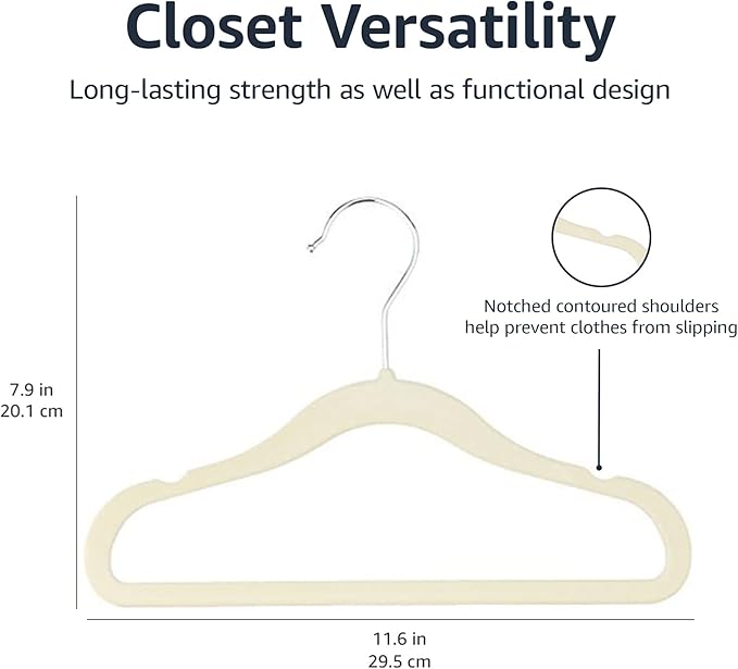 Amazon Basics Kids Velvet, Space Saving, Non-Slip Clothes Hangers for Infant and Toddler, Durable, 11.6 inches (for Baby Clothes), Pack of 200, Beige