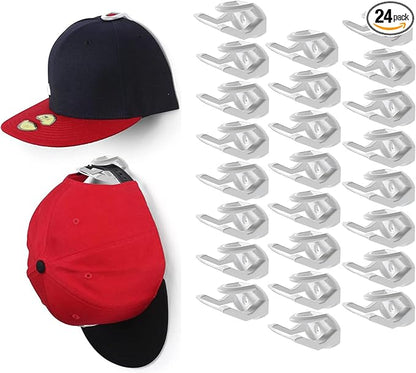 24 Pack Baseball Hat Holder for Wall，Adhesive Hat Rack for Baseball Caps, Hat Hangers for Wall，Upgraded Adhesive Hat Display Hooks,Hat Organizer Men Boys Bedroom Accessories（White）