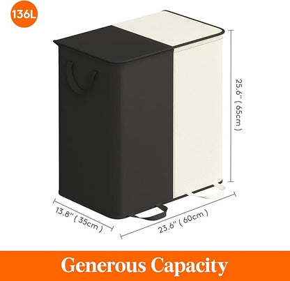 Lifewit Double Laundry Hamper with Lid and Removable Laundry Bags, Large Collapsible 2 Dividers Dirty Clothes Basket with Handles for Bedroom Laundry Room Closet Bathroom College, 136L White&Black