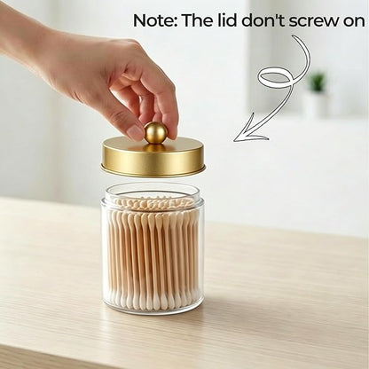 Amolliar Apothecary Jars Bathroom Storage Organizer - Cute Qtip Dispenser Holder Vanity Canister Jar Glass with Lid for Cotton Swabs,Rounds,Bath Salts,Makeup Sponges,Hair Accessories-Gold (1 Pack)