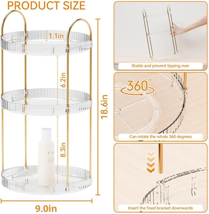 360° Rotating Makeup Organizer, Large Capacity 3 Tier Perfume Skincare Clear Bathroom Organizers, Multi-Function Spinning Cosmetic Storage for Bedroom, Dresser, Countertop
