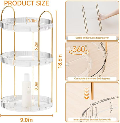 360° Rotating Makeup Organizer, Large Capacity 3 Tier Perfume Skincare Clear Bathroom Organizers, Multi-Function Spinning Cosmetic Storage for Bedroom, Dresser, Countertop