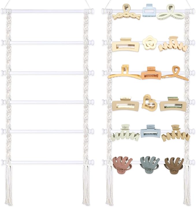 SNOWSTAR Macrame Hair Claw Clip Organizer,White Hanging Hair Clip Holder and Storage for Women Girls,Claw Clip Hanger Home Decor for Wall,Door,Closet