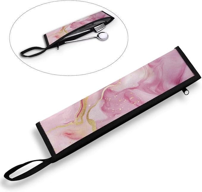 Portable Travel Tableware Box Pink Marble Flatware Storage Box Case Travel Utensils Cutlery Case with Bag for Fork Spoon Chopsticks