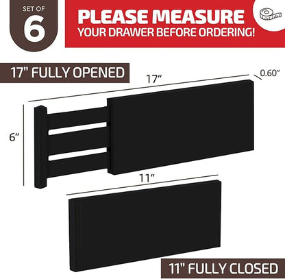 6-Pack Drawer Dividers 6 Inch High, 11”-17" Adjustable Bamboo Organizers Large Expandable Drawer Separators for Cloths, Dresser, Bedroom, Bathroom, Baby Drawer, Office & Kitchen Utensils (Black)