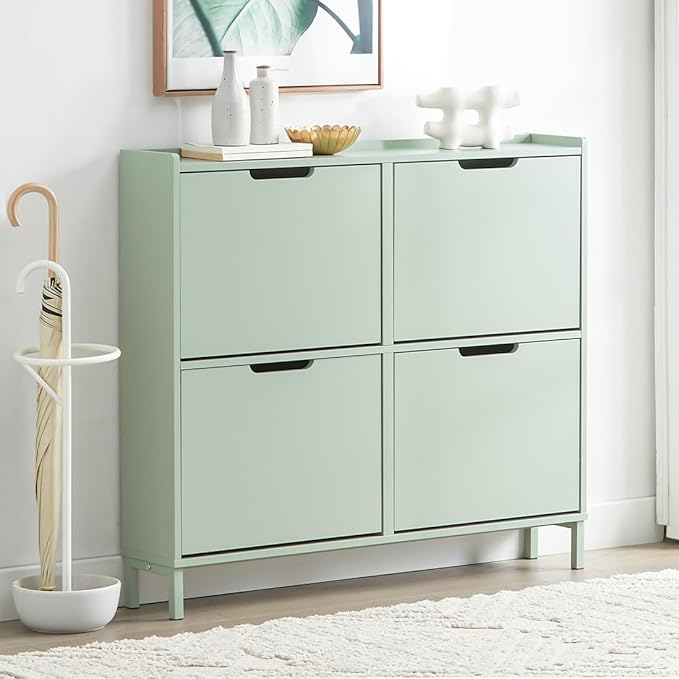 Haotian Green Shoe Cabinet with 4 Flip-Drawers, Narrow Freestanding Shoe Rack, Slim Shoe Organiazer for Entryway Hallway Mudroom(7.5" D x 39.4" W x 35.8" H) FSR100-GR