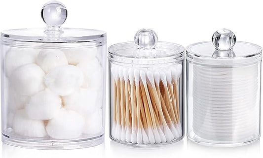 3 Pack Qtip Holder Dispenser for Cotton Ball, Cotton Swab, Cotton Round Pads, Floss - 20OZ & 10 oz Clear Plastic Apothecary Jar Set for Bathroom Canister Storage Organization, Vanity Makeup Organizer