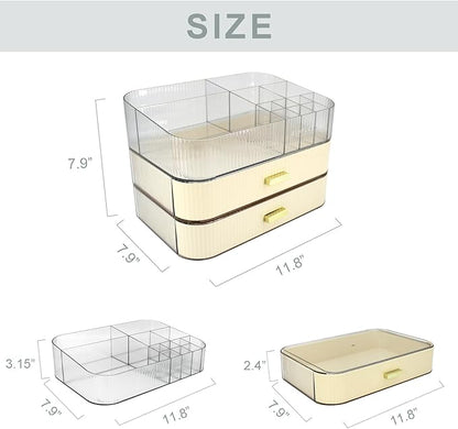 Makeup Organizer with 2 Drawers, Cosmetics Organizer for Bedroom and Bathroom Vanity Countertops, Large Capacity Cosmetic Storage Box for Skincare Cream Perfume Lipstick Dresser Counter-White