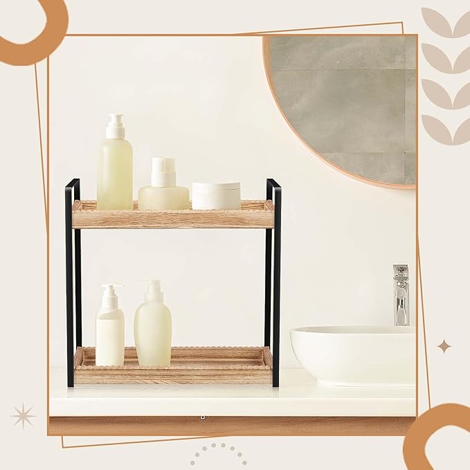 DoubleFill Bathroom Countertop Organizer, 2 Tier Wood Bead Vanity Organizer Tray for Bathroom Cosmetic Skincare Perfume Kitchen Coffee Station Organization(Brown,Classic)