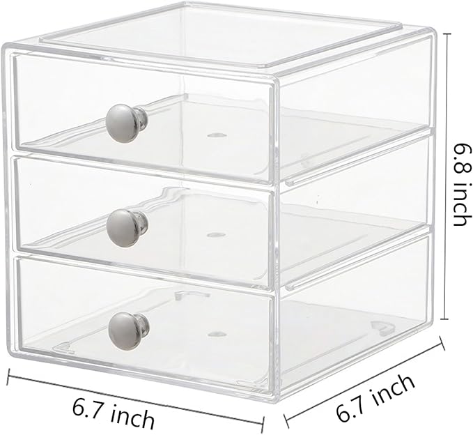 AJIODA Makeup Drawer Organizer Box with 3 Drawers, Acrylic Cosmetic Display Case Vanity Organizer Jewelry Storage Box Stackable Storage for Cosmetics, Skin Care, Bathroom, Countertop, Silver Handle