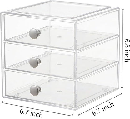 AJIODA Makeup Drawer Organizer Box with 3 Drawers, Acrylic Cosmetic Display Case Vanity Organizer Jewelry Storage Box Stackable Storage for Cosmetics, Skin Care, Bathroom, Countertop, Silver Handle