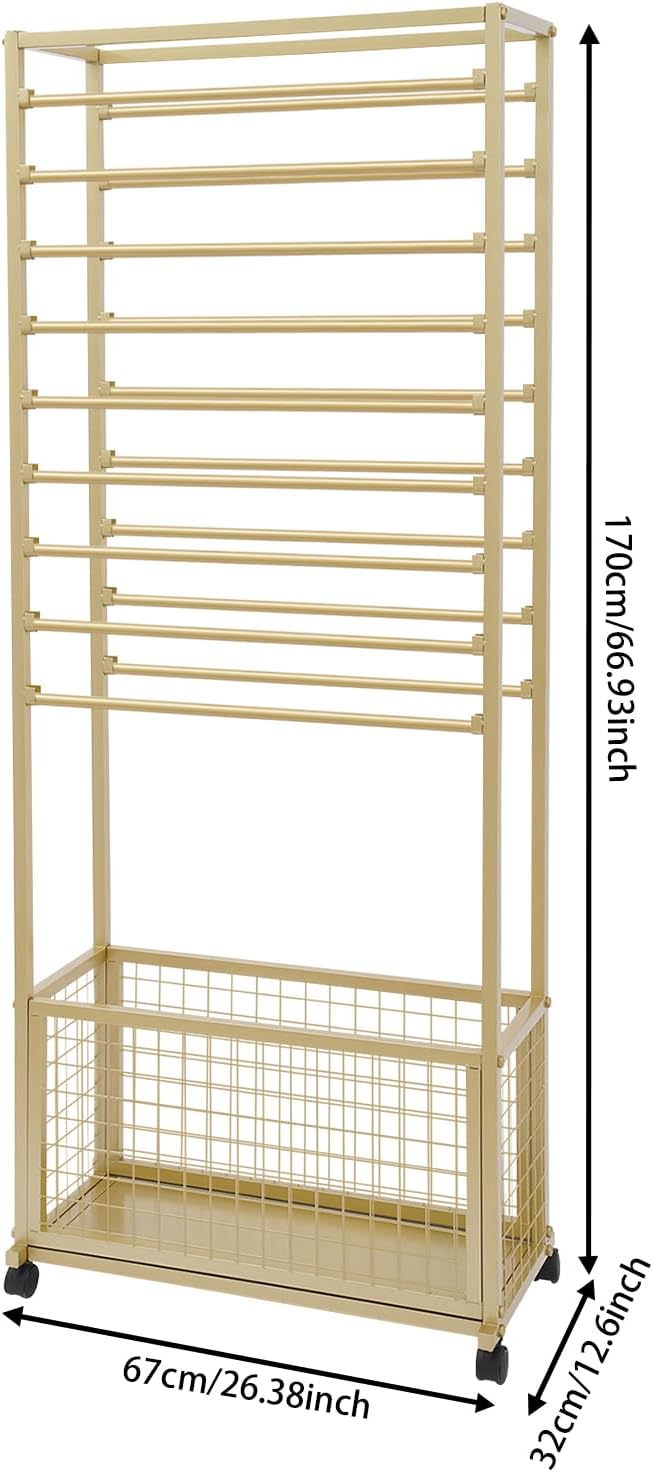 20-Tier Double-Sided Ribbon Holder Organizer Rack with Storage Basket & Wheels, Multifunctional Flower Wrapping Paper Display Stand for Craft Rooms, Flower Shops (Gold, 26.38''W x 12.6''D x 59.06''H)