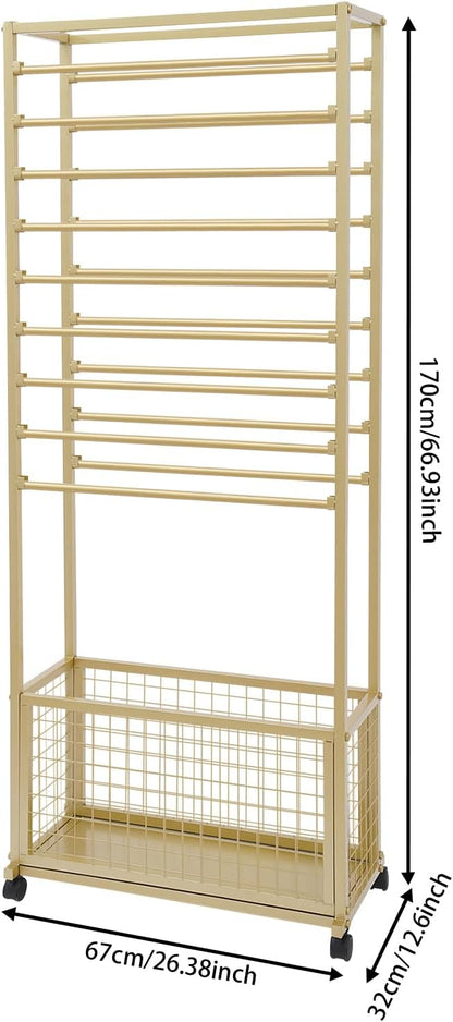20-Tier Double-Sided Ribbon Holder Organizer Rack with Storage Basket & Wheels, Multifunctional Flower Wrapping Paper Display Stand for Craft Rooms, Flower Shops (Gold, 26.38''W x 12.6''D x 59.06''H)