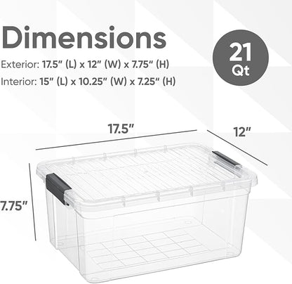 Superio Clear Storage Boxes with Lids, 21 Quart Plastic Container Bins for Organizing, Stackable Crates, BPA Free, Non Toxic, Odor Free, Organizers for Home, Office and Dorm, 4 Pack