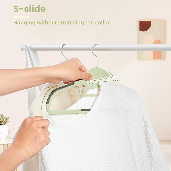 Heavy Duty Plastic Hangers 50 Pack with Non-Slip Design,0.2 Inches Thick,360°Swivel Hook Space Saving Organizer for Bedroom Closet,Shirts,Pants,Strong Enough for Coat(Matcha Green- S Shaped)