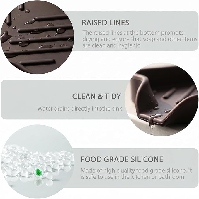 MicoYang Silicone Bathroom Soap Dishes with Drain Spout-Bathroom and Kitchen Sink Organizer,Sponge Holder,Dish Soap Tray,Perfect for Dispenser,Scrubber,Bottle,Cup on Sink or Counter-Coffee 4.9"×3.2"