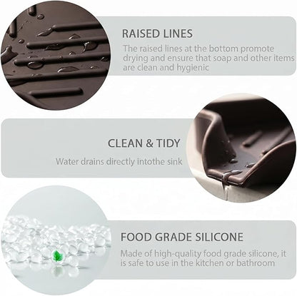 MicoYang Silicone Bathroom Soap Dishes with Drain Spout-Bathroom and Kitchen Sink Organizer,Sponge Holder,Dish Soap Tray,Perfect for Dispenser,Scrubber,Bottle,Cup on Sink or Counter-Coffee 4.9"×3.2"