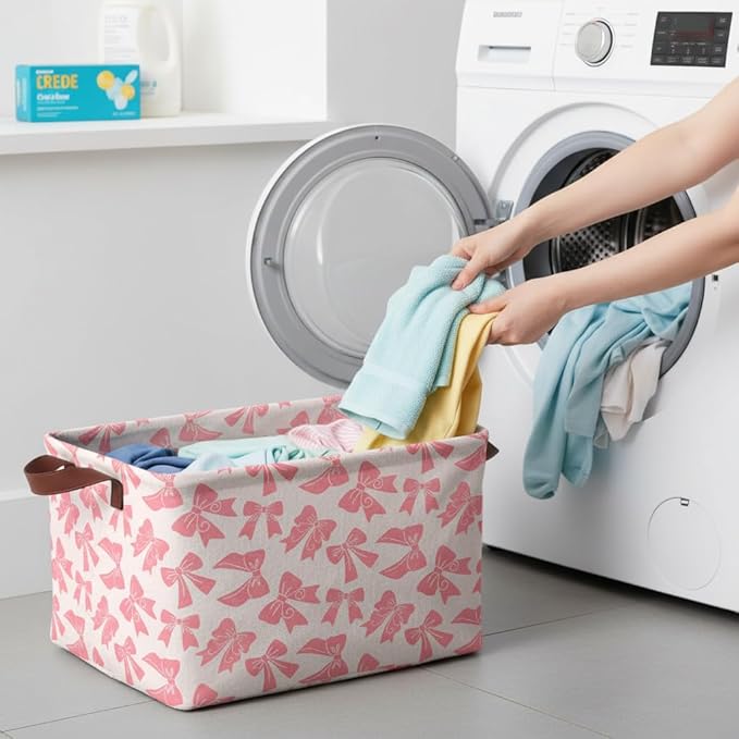 Pink Bow Storage Basket Waterproof Canvas Toy Storage Bin Bow Room Decor Collapsible Outdoor Basket with Leather Handles Coquette Room Decor Blanket Baskets For Closets,Bedrooms,Gifts Baskets