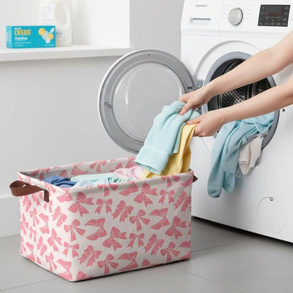 Pink Bow Storage Basket Waterproof Canvas Toy Storage Bin Bow Room Decor Collapsible Outdoor Basket with Leather Handles Coquette Room Decor Blanket Baskets For Closets,Bedrooms,Gifts Baskets