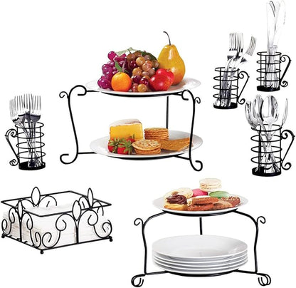 Collections Etc Metal Buffet Organizer with Scroll Design, 7-Piece Set for Plates, Napkins and Cutlery