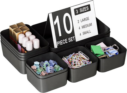 Plastic Drawer Organizers, 10 PCS Drawer Organizer Bins, Bathroom and Vanity Organizer Plastic Tray, Makeup Organizer and Storage for Makeup, Bedroom, Kitchen Gadgets Utensils and Office (Black)