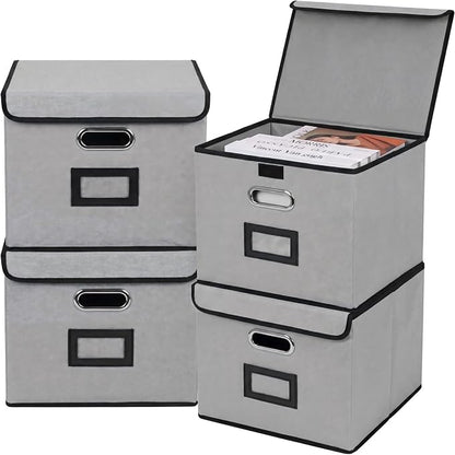 File Storage Box with Lid, 15.55x12.87x10.43 Inches, Foldable Organizer with Handles & Label Slot, for File Storage, Home, Office, and Closet Organization(4 Packs, Grey)