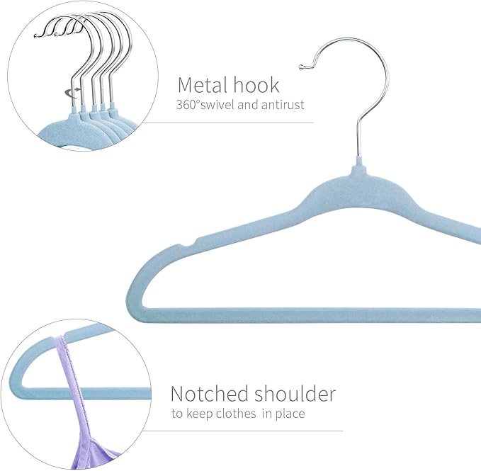 ManGotree Velvet Baby Clothes Hangers, Baby Toddler Kids Hangers with Swivel Hook, Notched Shoulder Design for Kids and Children Clothes (30 Pack, Blue)
