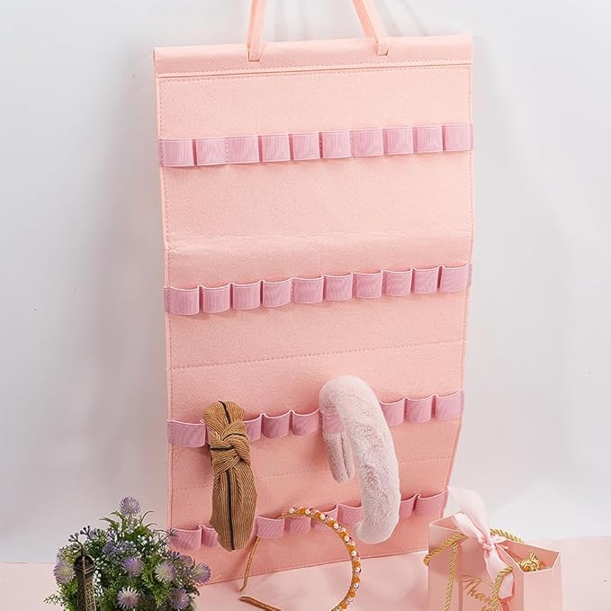 Felt Hanging Headband Holder with 40 Elastic Bands Bow Hanger Pink Wall Headbands Display Organizer Ribbon Hair Hoops Storage Hairbands Hair Accessory Holder for Home Women Hair Bows