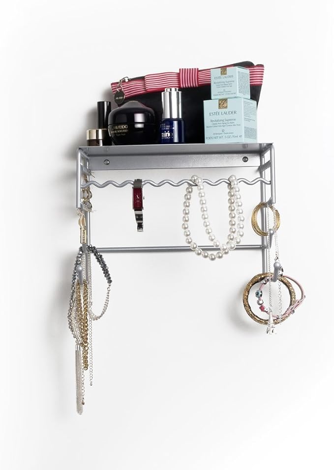 Silver 10" Wall Mount Jewelry & Accessory Storage Rack Organizer Shelf for Earrings, Bracelets, Necklaces, & Hair Accessories
