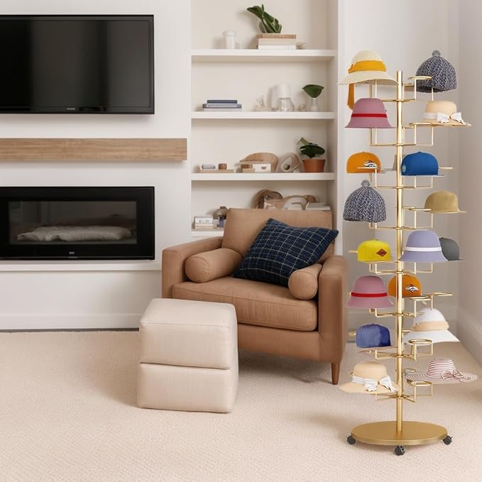 Standing Hat Rack Stand, Cowboy Hat Rack with 40 Hooks, 8 Tier Metal Hat Organizer Rack, Floor Hat Display Rack for Home Store Vendors(Gold,8 Tier)