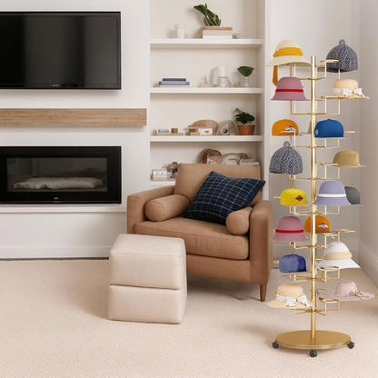 Standing Hat Rack Stand, Cowboy Hat Rack with 40 Hooks, 8 Tier Metal Hat Organizer Rack, Floor Hat Display Rack for Home Store Vendors(Gold,8 Tier)