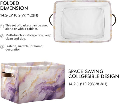 Large Storage Basket Purple Gold Marble Storage Bin Cube Canvas Fabric Organizer Handles Collapsible for Clothes Toys Bedroom Decorative